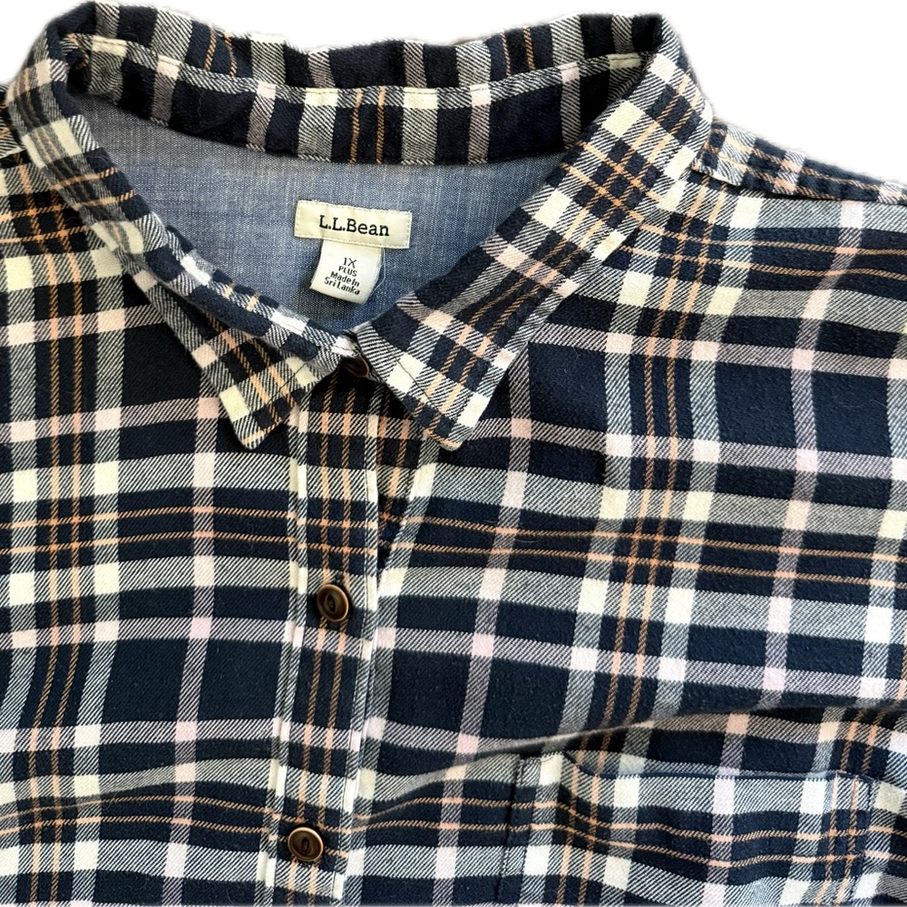 L.L. Bean Blue and White Plaid Shirt with peach tones